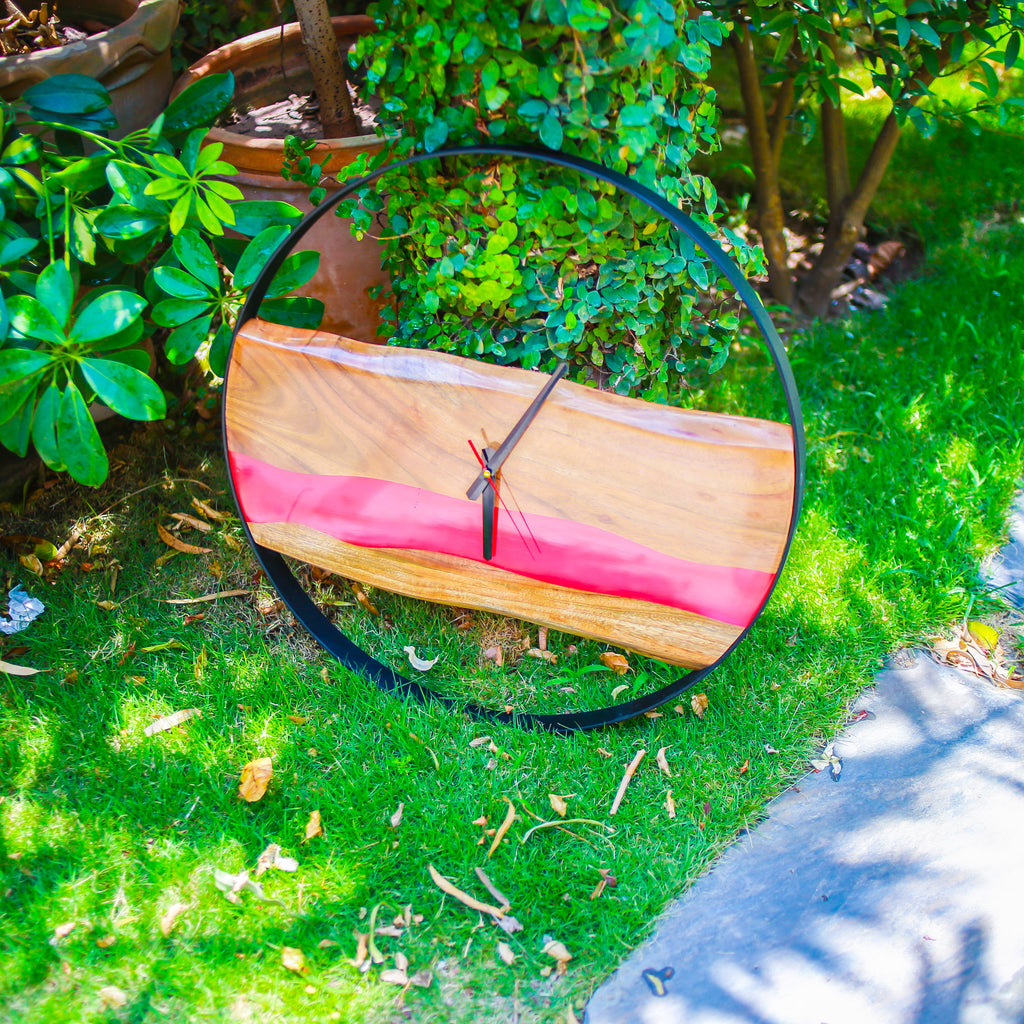 Pink Epoxy Live Edge Clock with Metal Frame