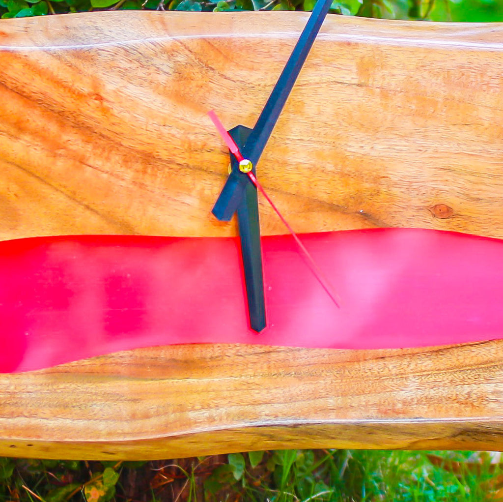 Pink Epoxy Live Edge Clock with Metal Frame
