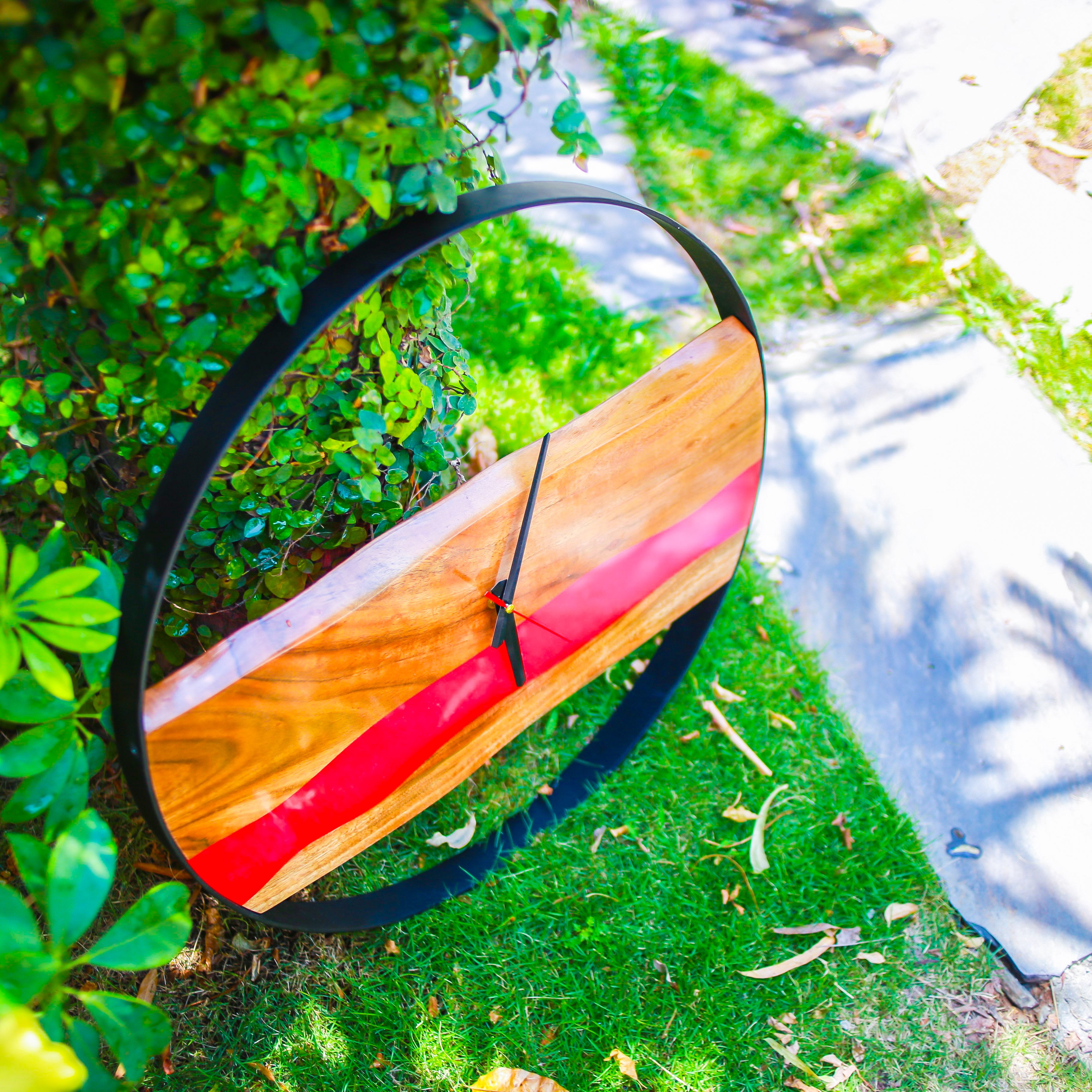 Pink Epoxy Live Edge Clock with Metal Frame