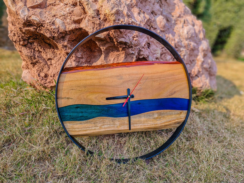 Blue Epoxy Resin Live Edge Wall Clock with Metal Frame