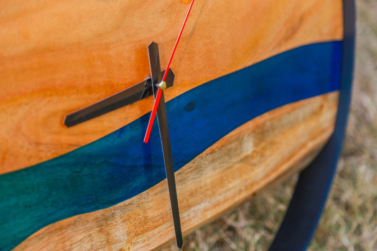 Blue Epoxy Resin Live Edge Wall Clock with Metal Frame