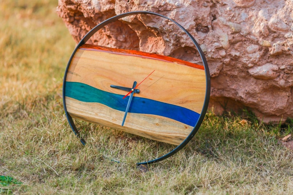 Blue Epoxy Resin Live Edge Wall Clock with Metal Frame