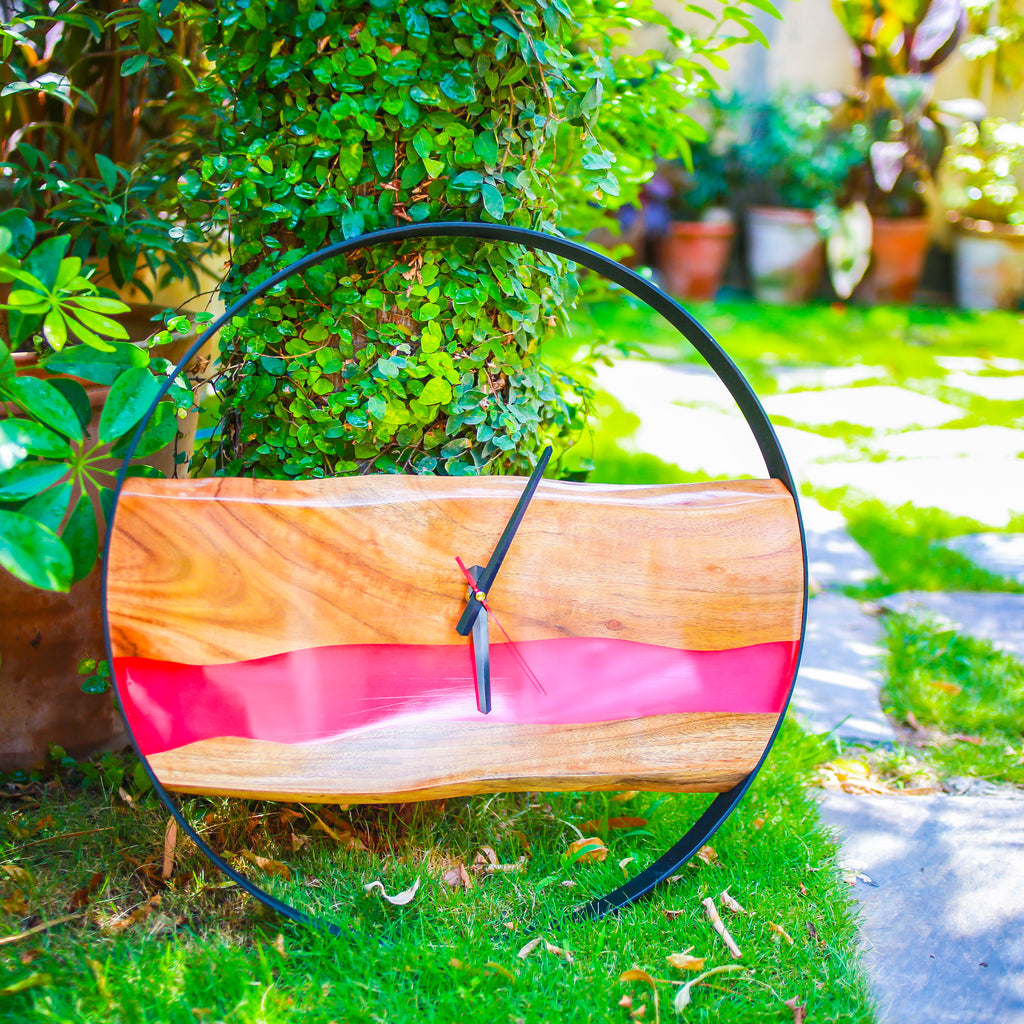 Pink Epoxy Live Edge Clock with Metal Frame