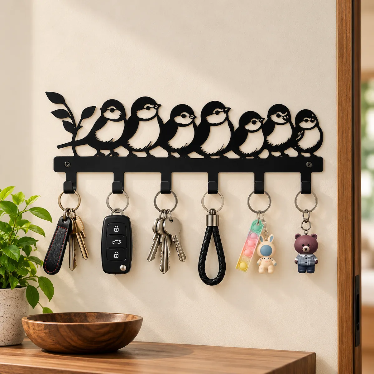 birds key holder Black metal birds on a branch key holder, wall-mounted with six hooks holding house and car keys