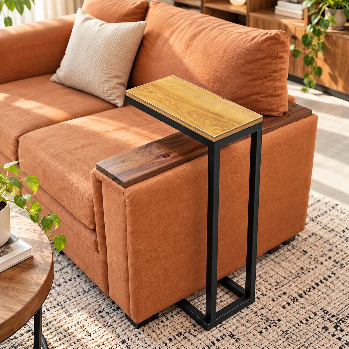 c shaped side table C-shaped slide-in sofa table with MDF top and black metal frame fitted over the arm of an orange sofa