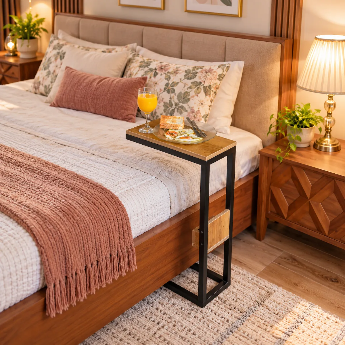 c shaped side table C-shaped side table used as a bedside table, holding breakfast and a glass of orange juice next to a bed