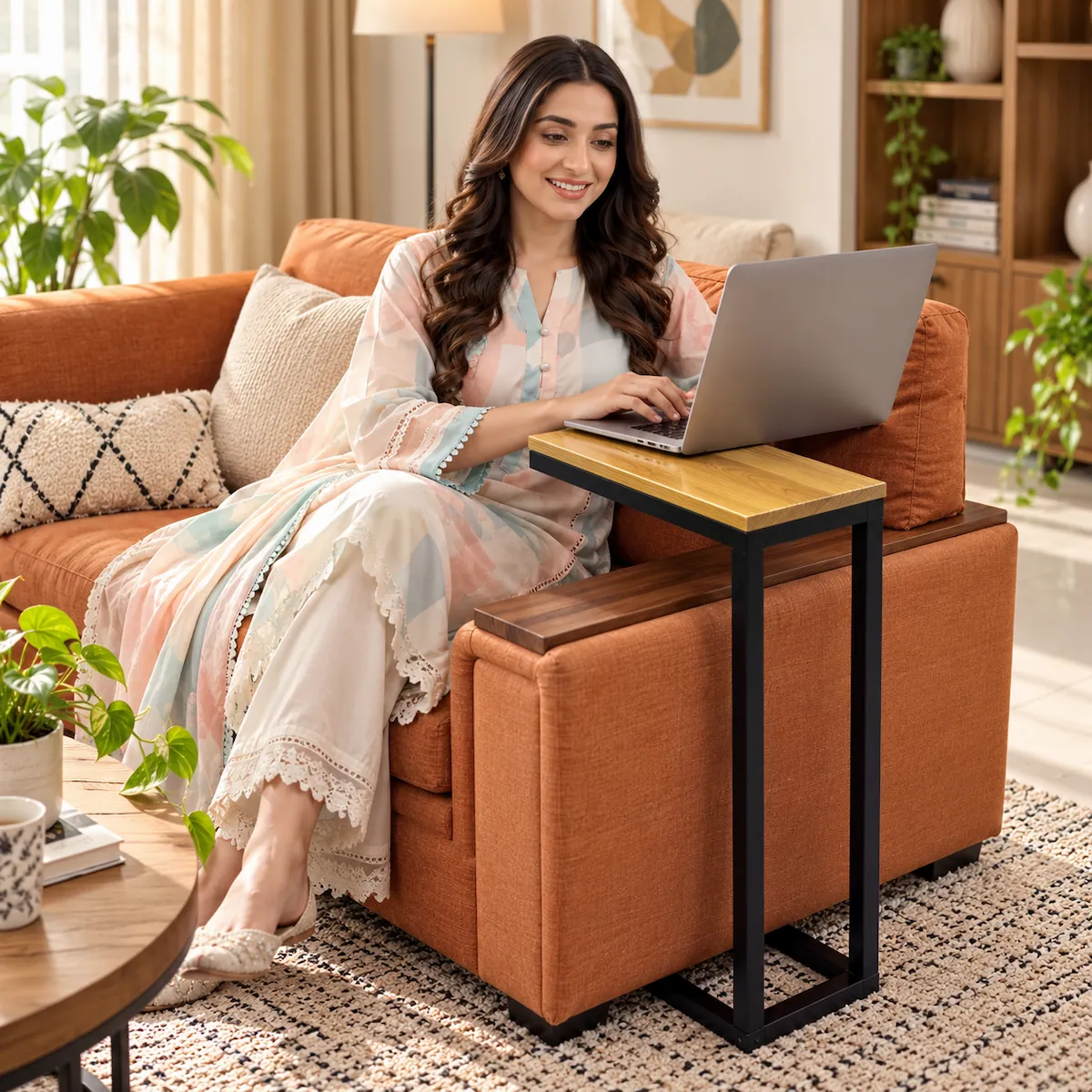 c shaped side table Woman using a laptop on a C-shaped sofa table with MDF top and black metal frame, slid in beside an orange sofa