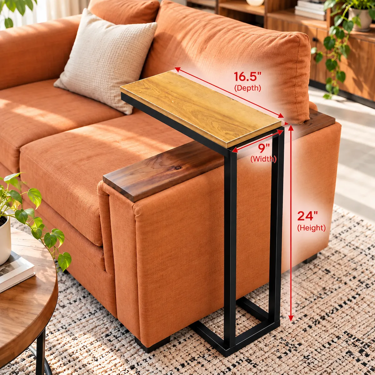 C-Shaped Sofa & Laptop Side Table – Dimensions C-Shaped Slide-In Sofa Table with MDF Top – 24 Inch Height, 16.5 Inch Depth, 9 Inch Width | Real Designs Pakistan