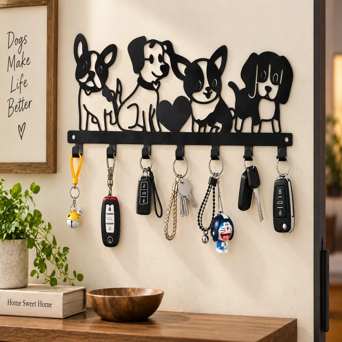 dog lovers key holder Black metal dog lovers key holder with four dog silhouettes and a heart, wall-mounted with seven hooks holding keys