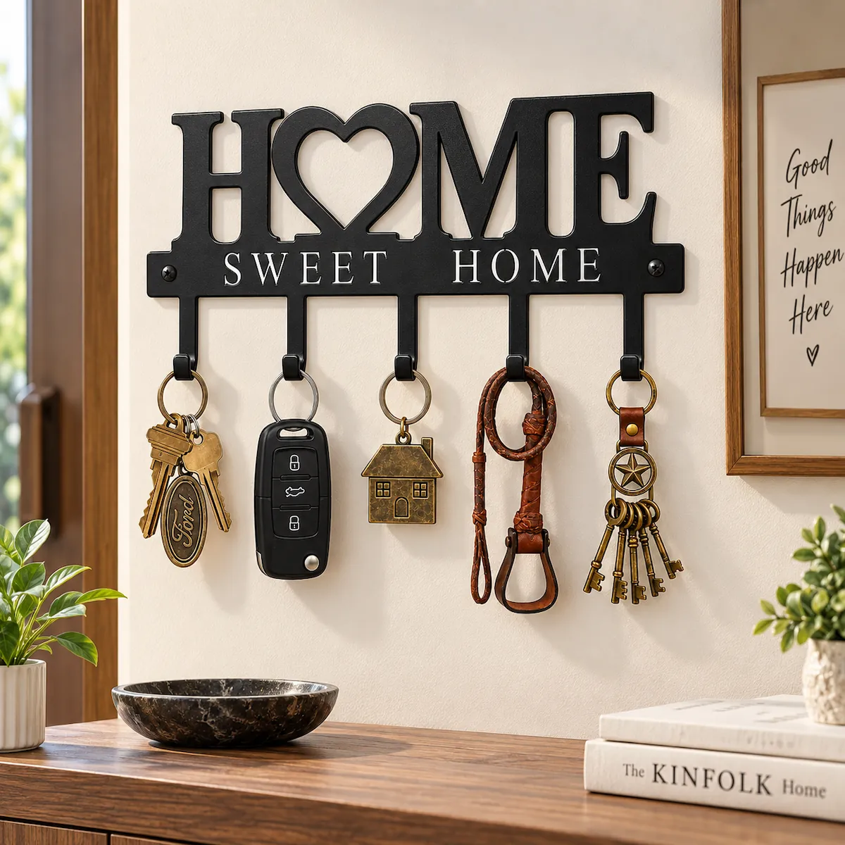 home sweet home key holder Black metal Home Sweet Home key holder with a heart cut-out, wall-mounted with five hooks holding house and car keys