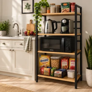 Home – Real Designs 4-tier kitchen rack with black metal frame and wood-finish shelves holding a microwave, kettle, coffee machine and pantry items