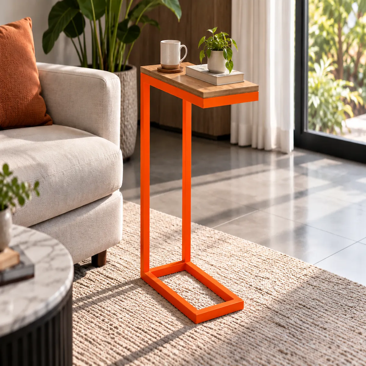 c shaped side table Slide-in side table with MDF top and orange metal frame holding a mug and small plant beside a cream armchair