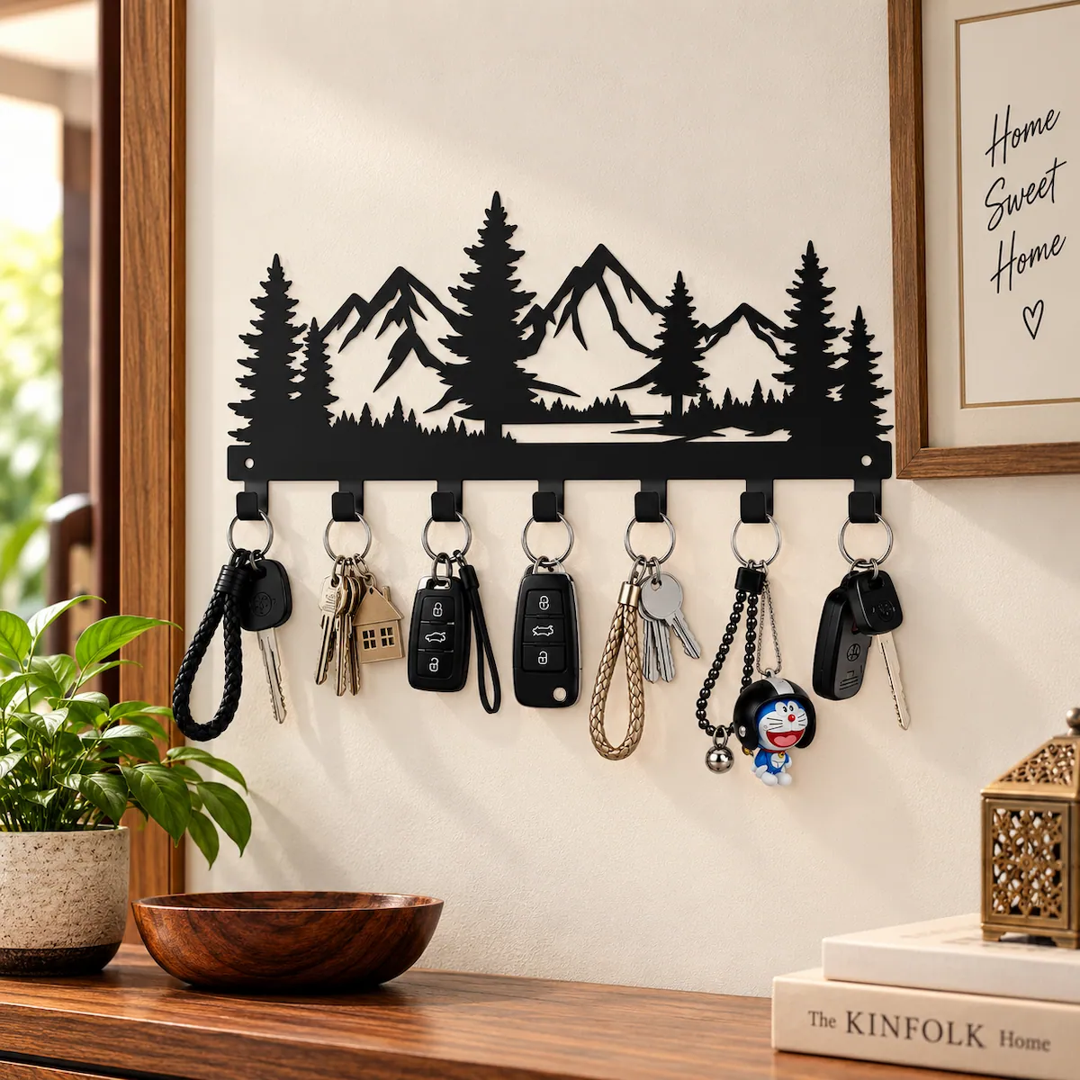 mountains and forest key holder Black metal mountains and pine forest key holder, wall-mounted with seven hooks holding keys