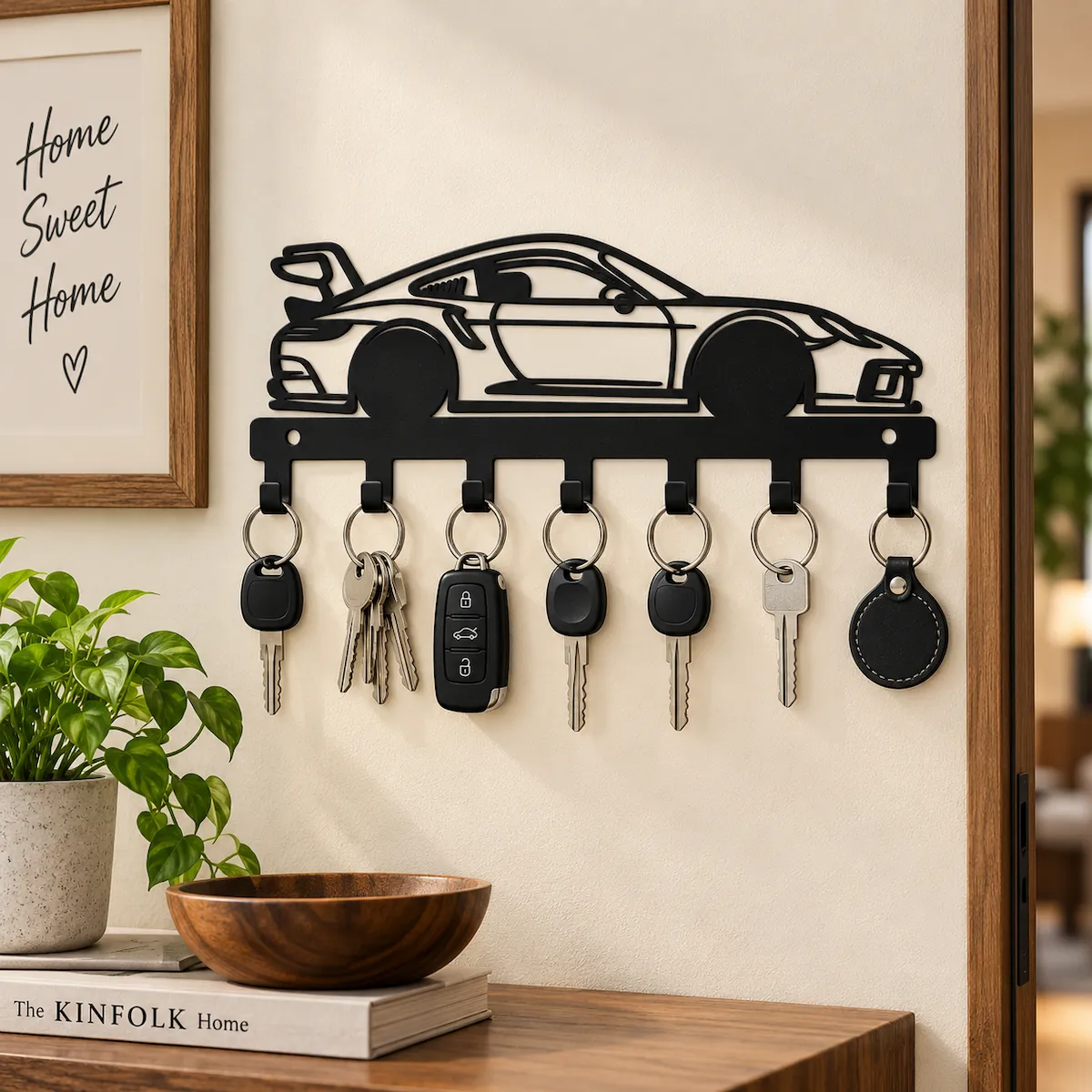 sports car key holder Black metal sports car silhouette key holder, wall-mounted with seven hooks holding car and house keys