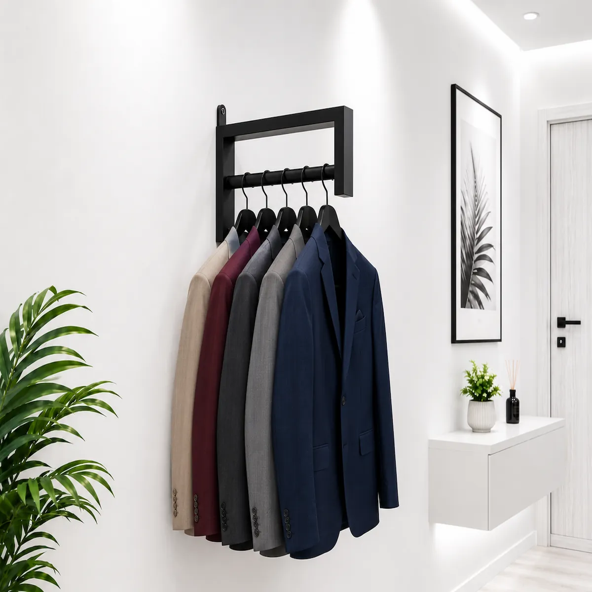 Wall Mounted Metal Clothes Hanger Rack with blazers Black wall mounted metal clothes hanger rack holding blazers and coats