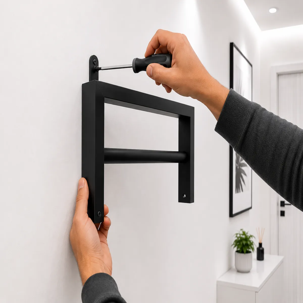 Wall Mounted Metal Clothes Hanger Rack installation Installing the black wall mounted metal clothes hanger rack with a screwdriver