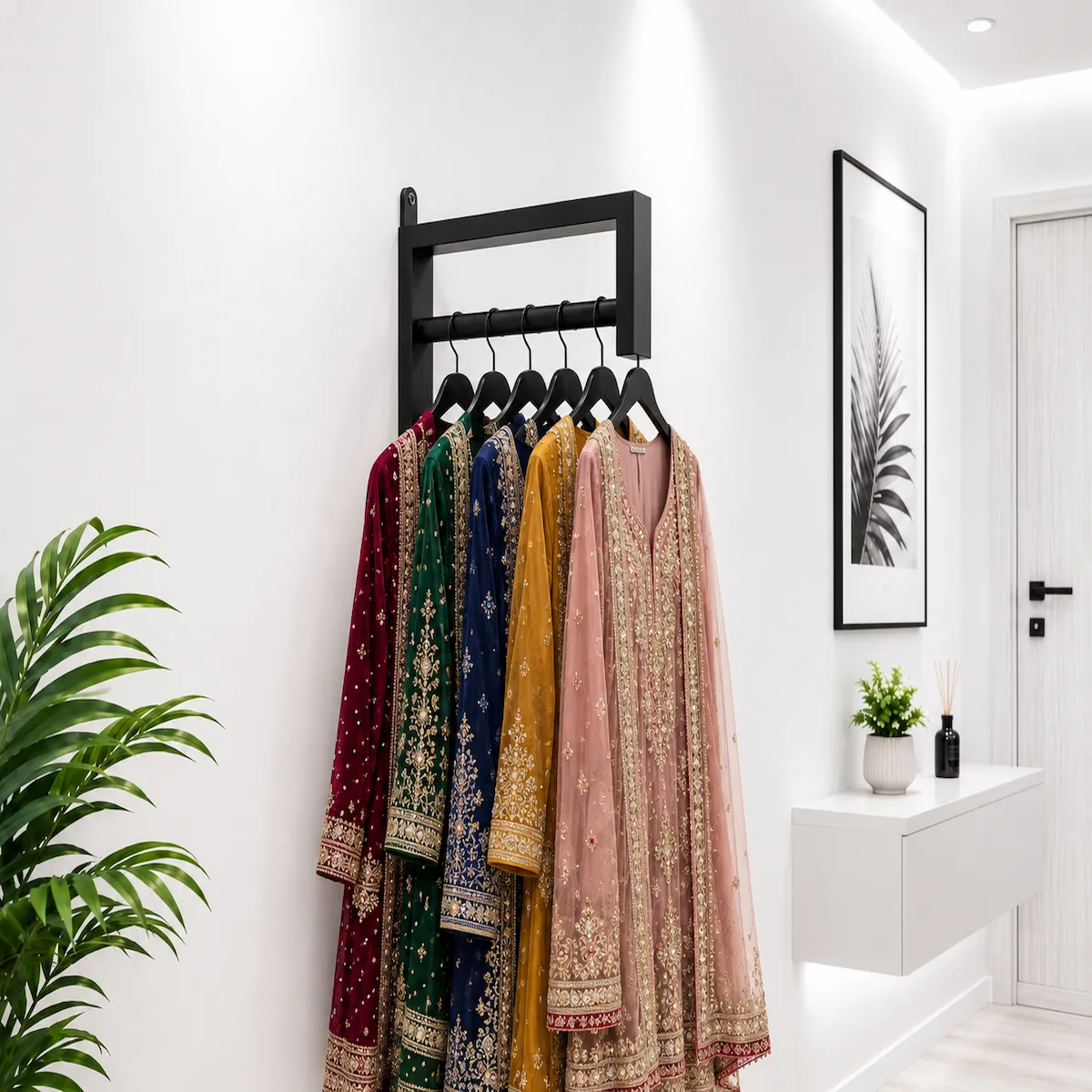 wall mounted metal clothes hanger rack Black wall mounted metal clothes hanger rack holding embroidered dresses on a white wall