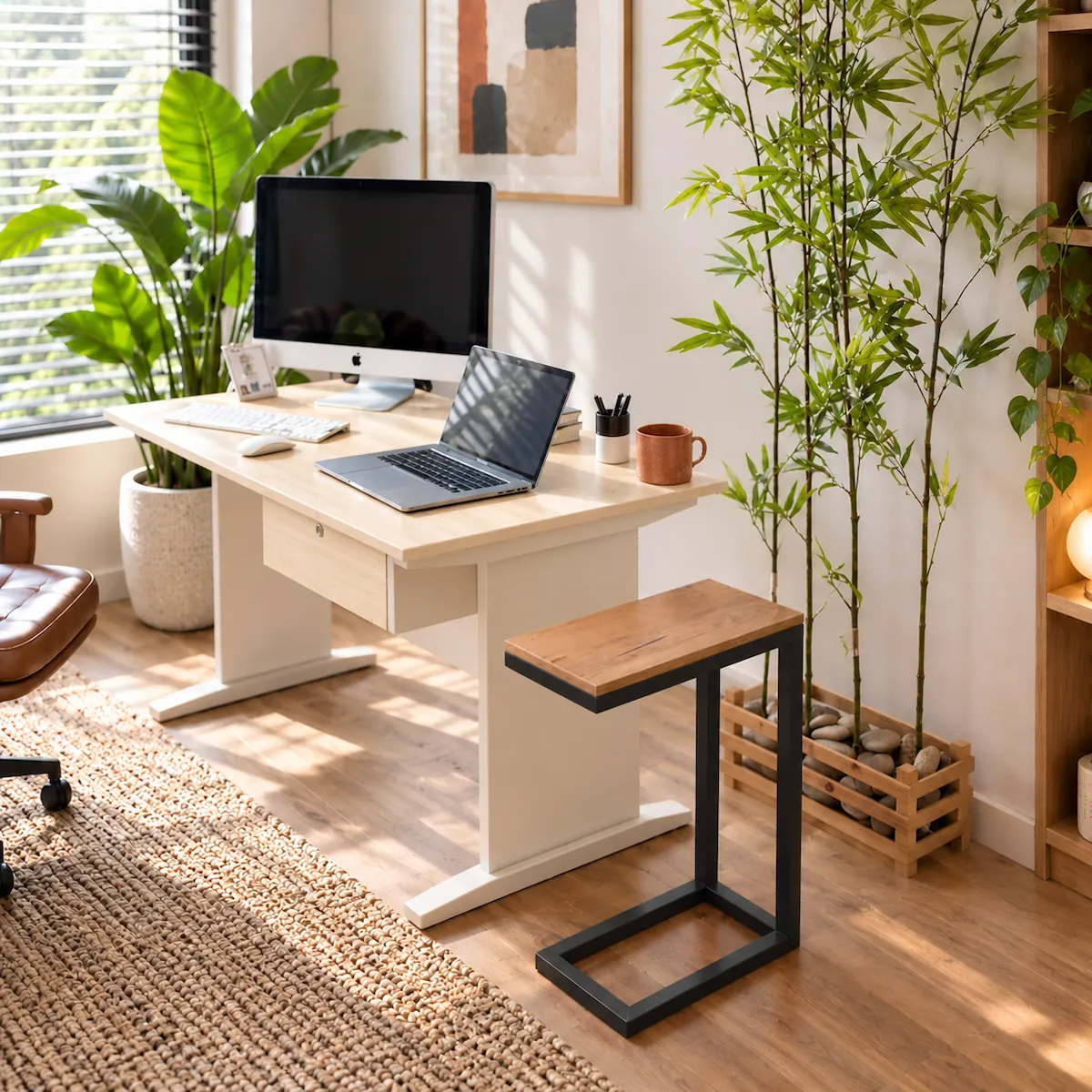 c shaped side table Laptop side table with MDF top and black metal frame standing beside a white home office desk